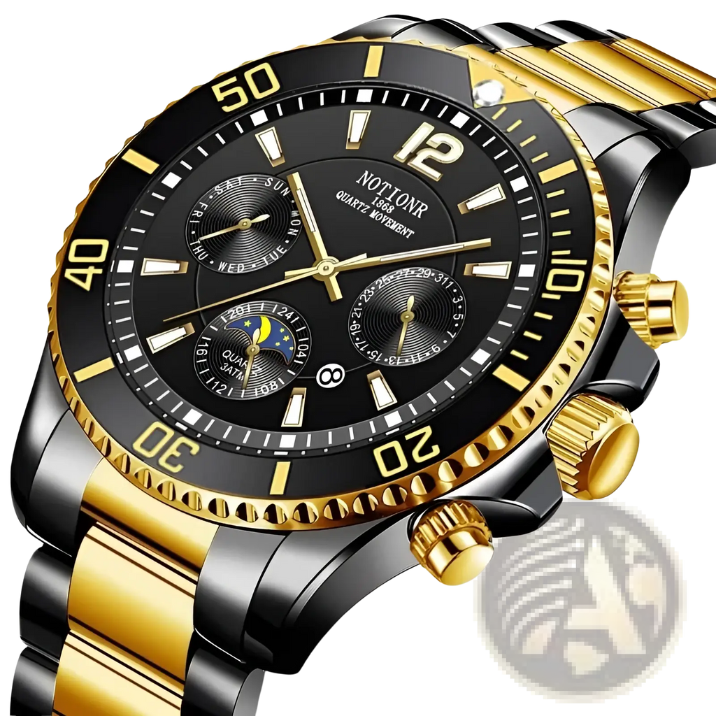 Gold stainless steel quartz sport watch with black and gold two-tone chronograph and sub-dials for day date and moon phase