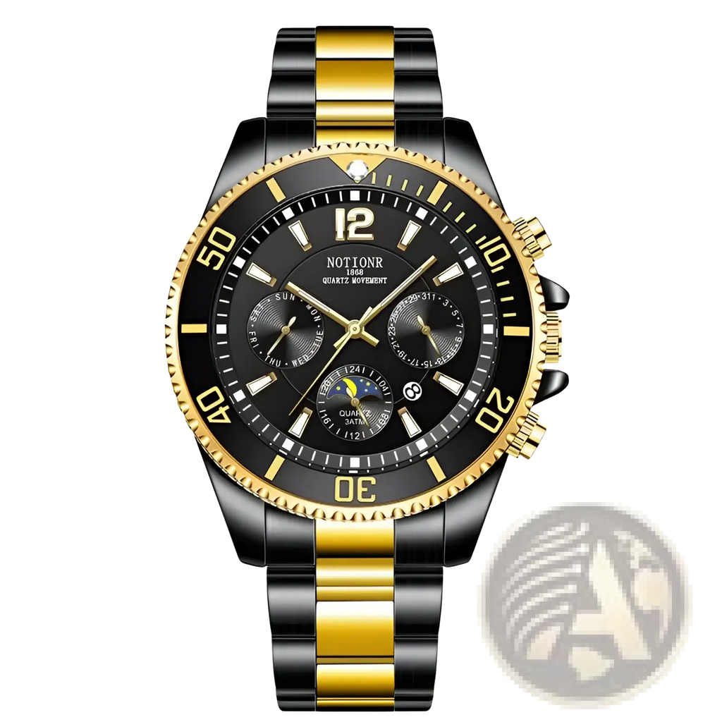 Gold stainless steel quartz sport watch with black and gold two-tone chronograph dial and date display