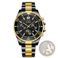 Gold stainless steel quartz sport watch with black and gold two-tone chronograph dial and date display