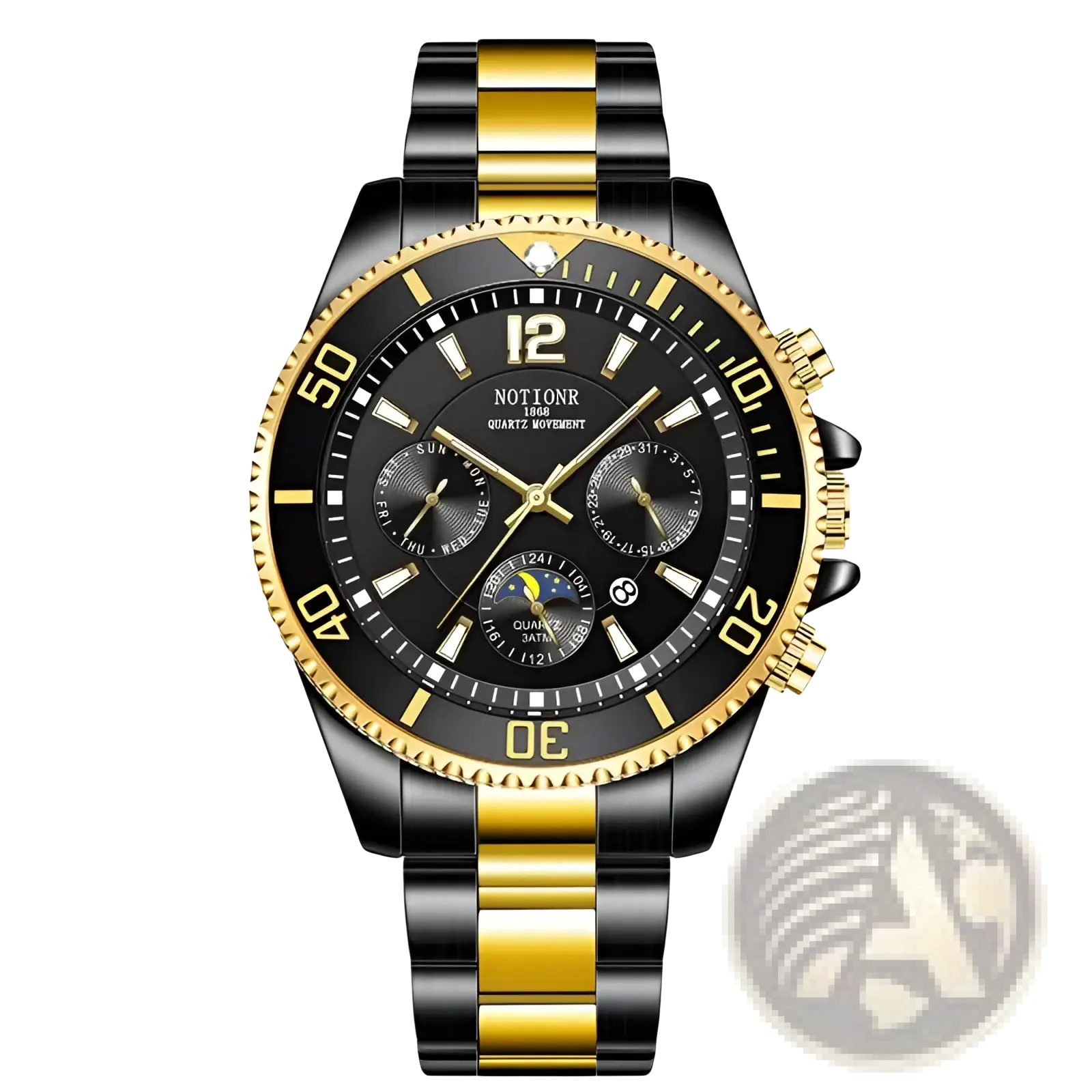 Gold stainless steel quartz sport watch with black and gold two-tone chronograph dial and date display