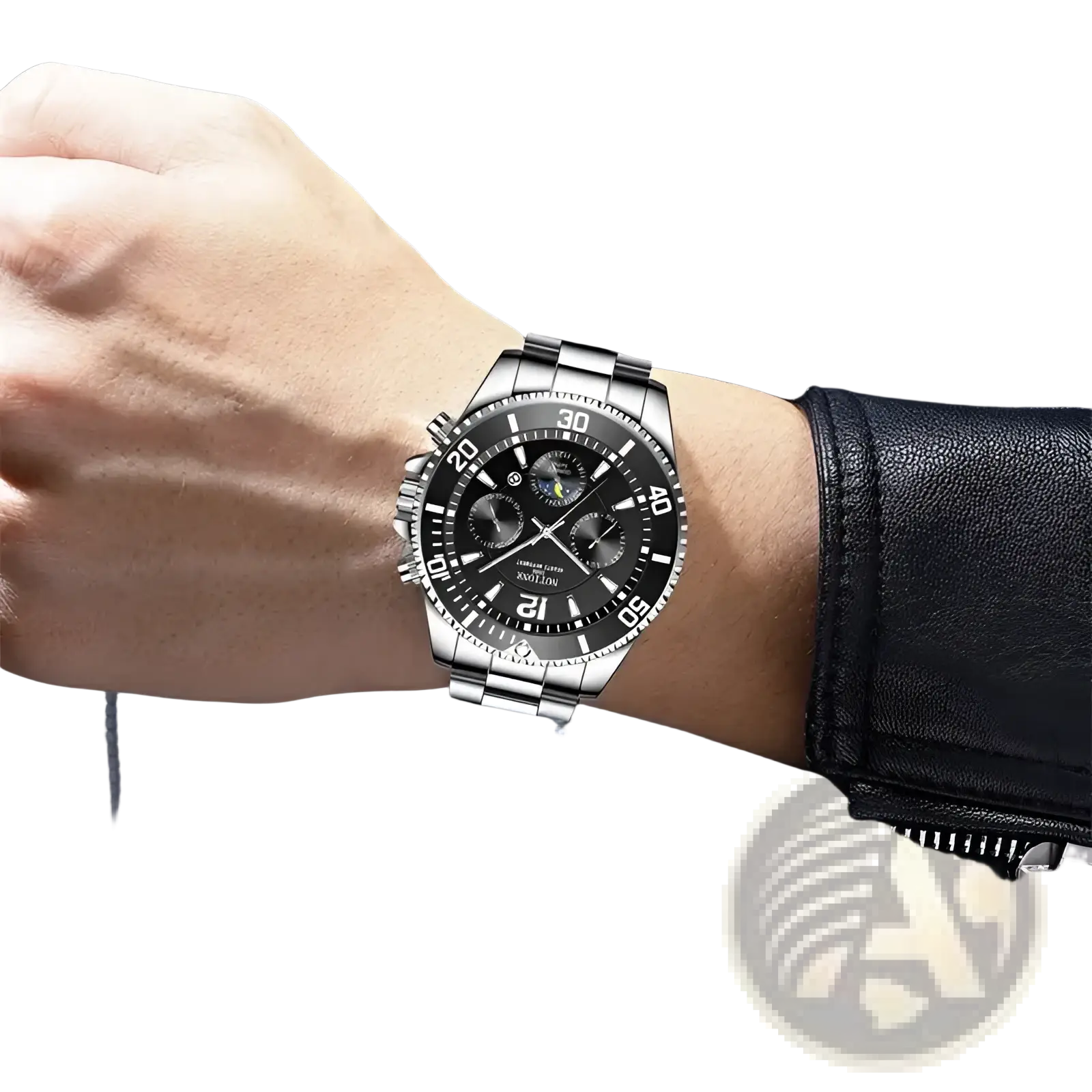 Gold stainless steel quartz sport watch with stainless steel chronograph black dial silver-toned bezel and bracelet