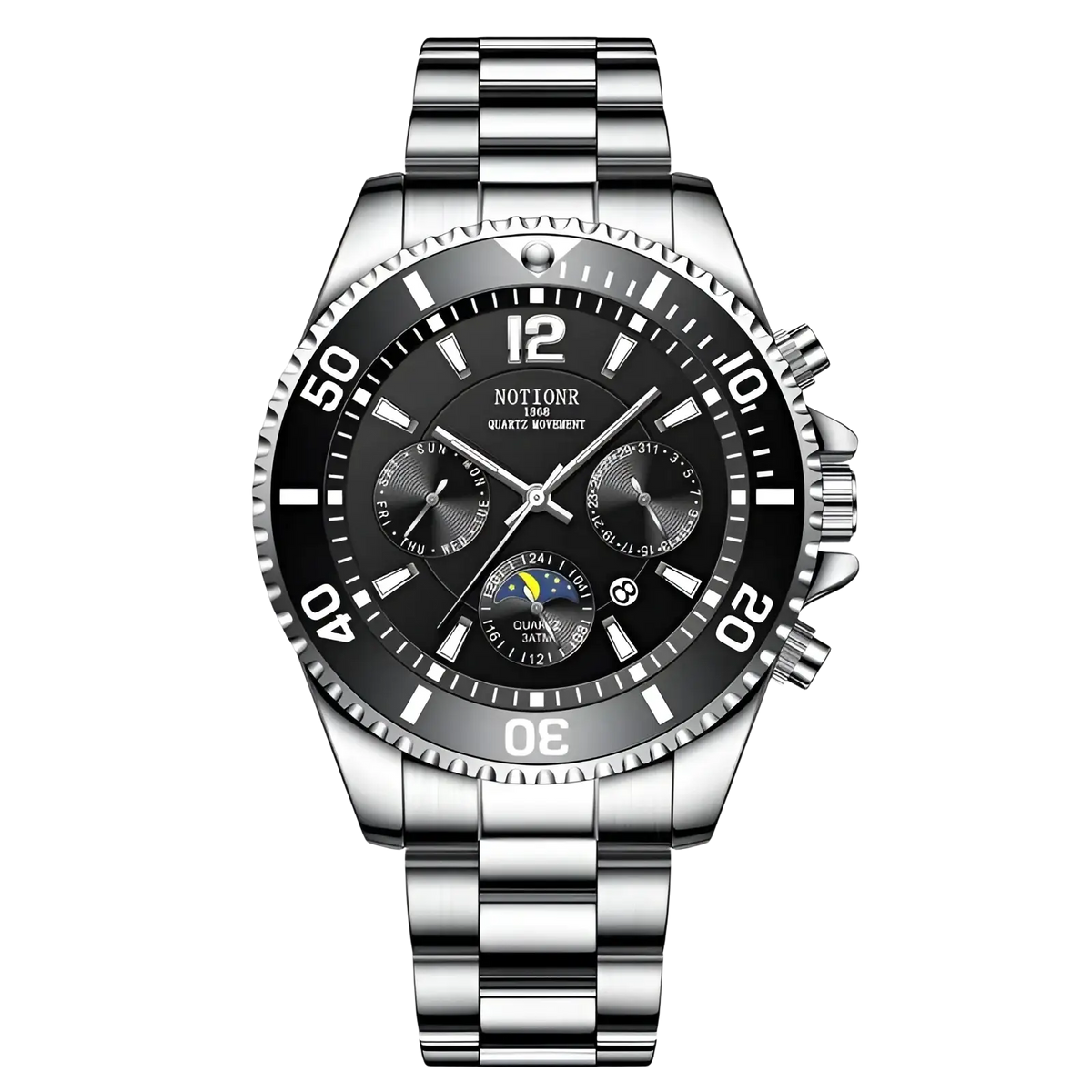 Gold stainless steel quartz sport watch with a silver chronograph case black dial and moon phase subdial