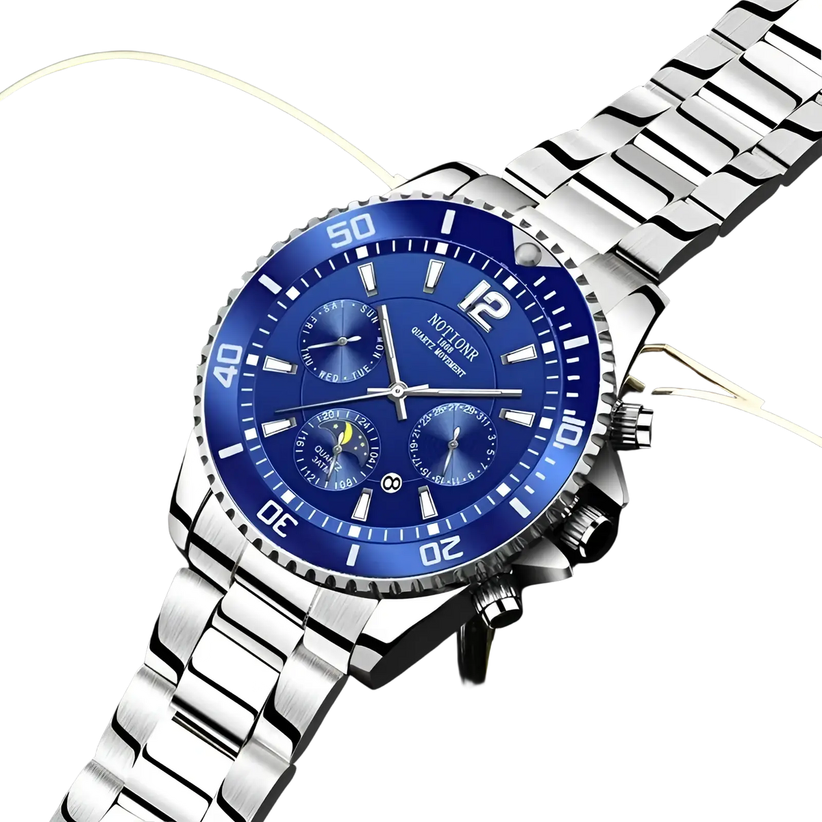 Silver-toned stainless steel chronograph watch with vibrant blue dial white markings by Notione in gold stainless steel quartz sport style