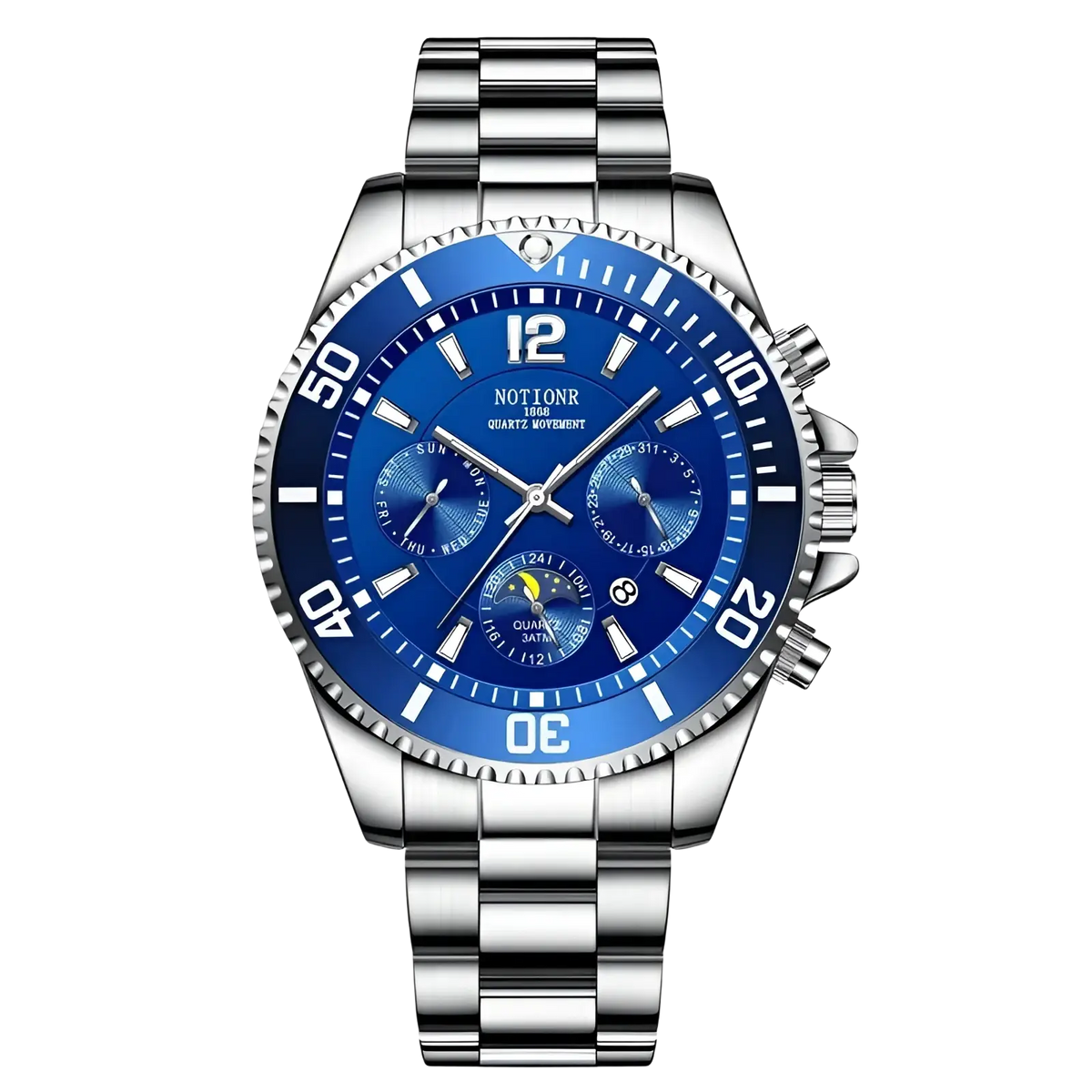 Gold stainless steel quartz sport watch with silver-toned chronograph case and vibrant blue dial with subdials and date