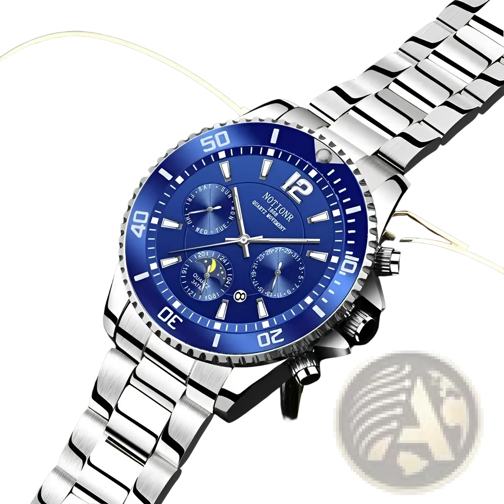 Silver-toned stainless steel chronograph watch with vibrant blue dial white markings by Notione in gold stainless steel quartz sport style