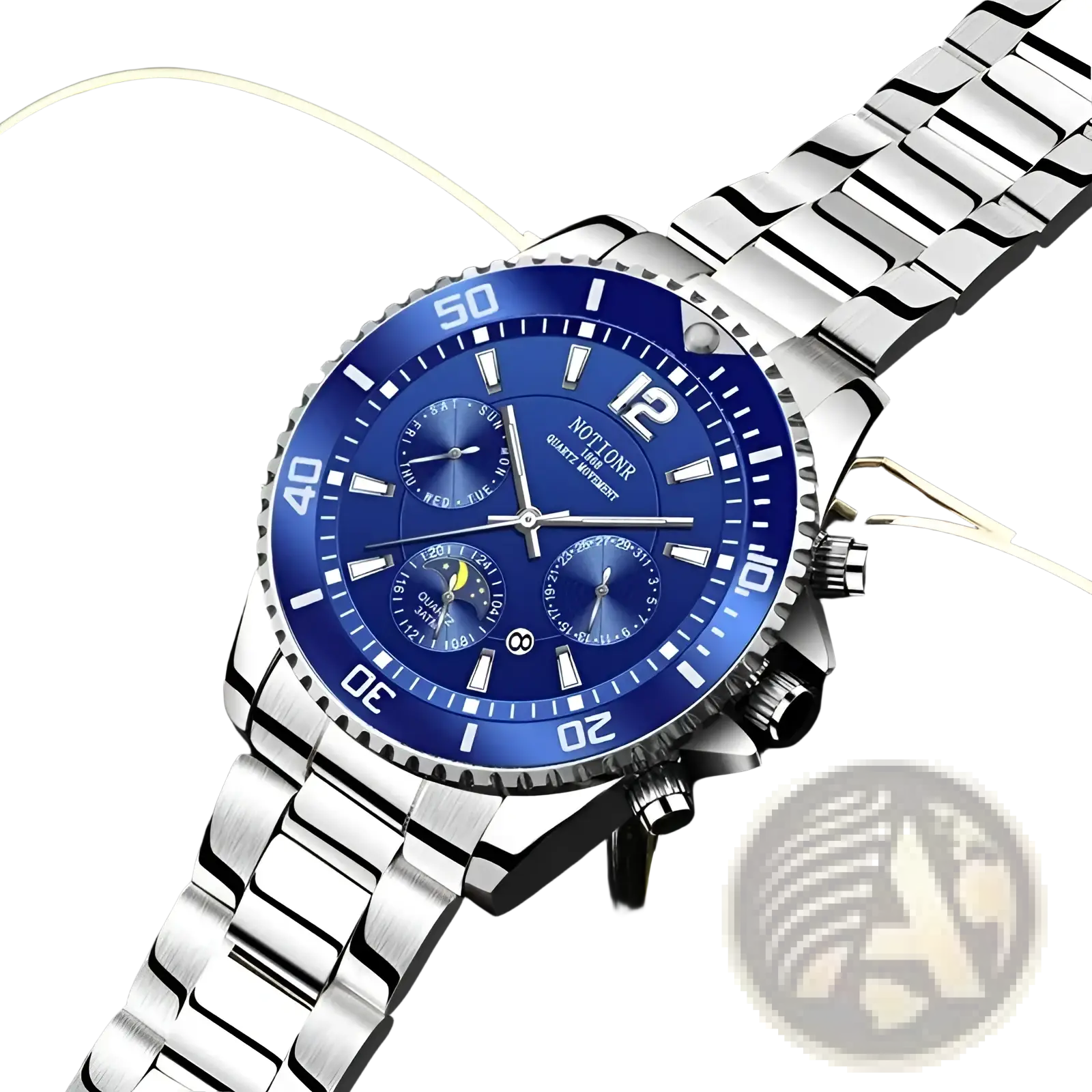Silver-toned stainless steel chronograph watch with vibrant blue dial white markings by Notione in gold stainless steel quartz sport style