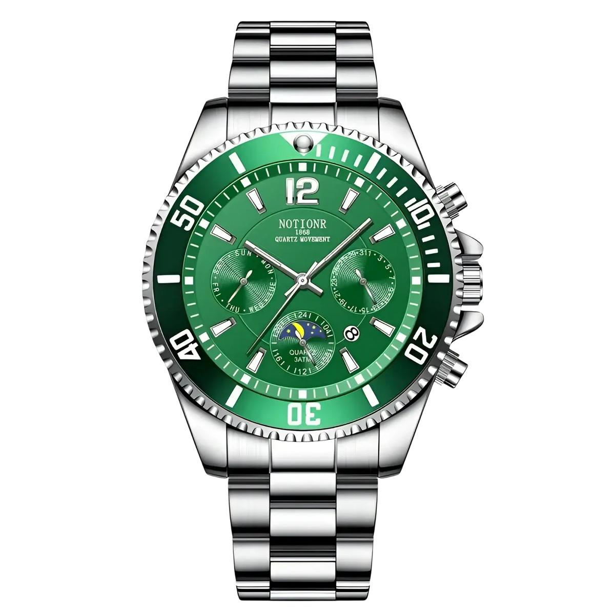 A gold stainless steel quartz sport watch with a sleek silver chronograph case and a vibrant green dial