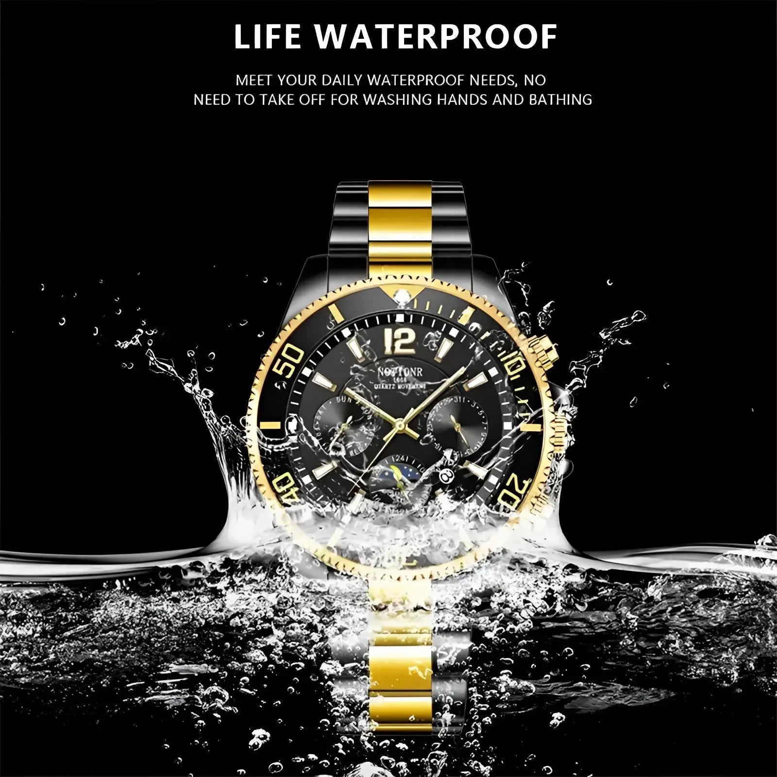 A gold stainless steel quartz sport watch with a two-tone gold and black chronograph design and luminous markers