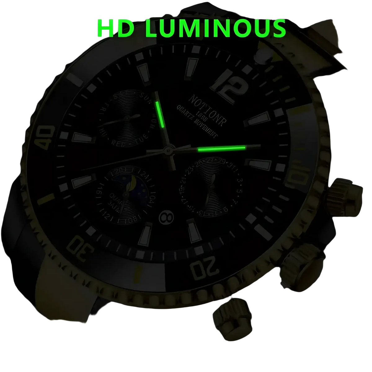 Gold stainless steel quartz sport watch with gold-tone chronograph case black dial and luminous green hands