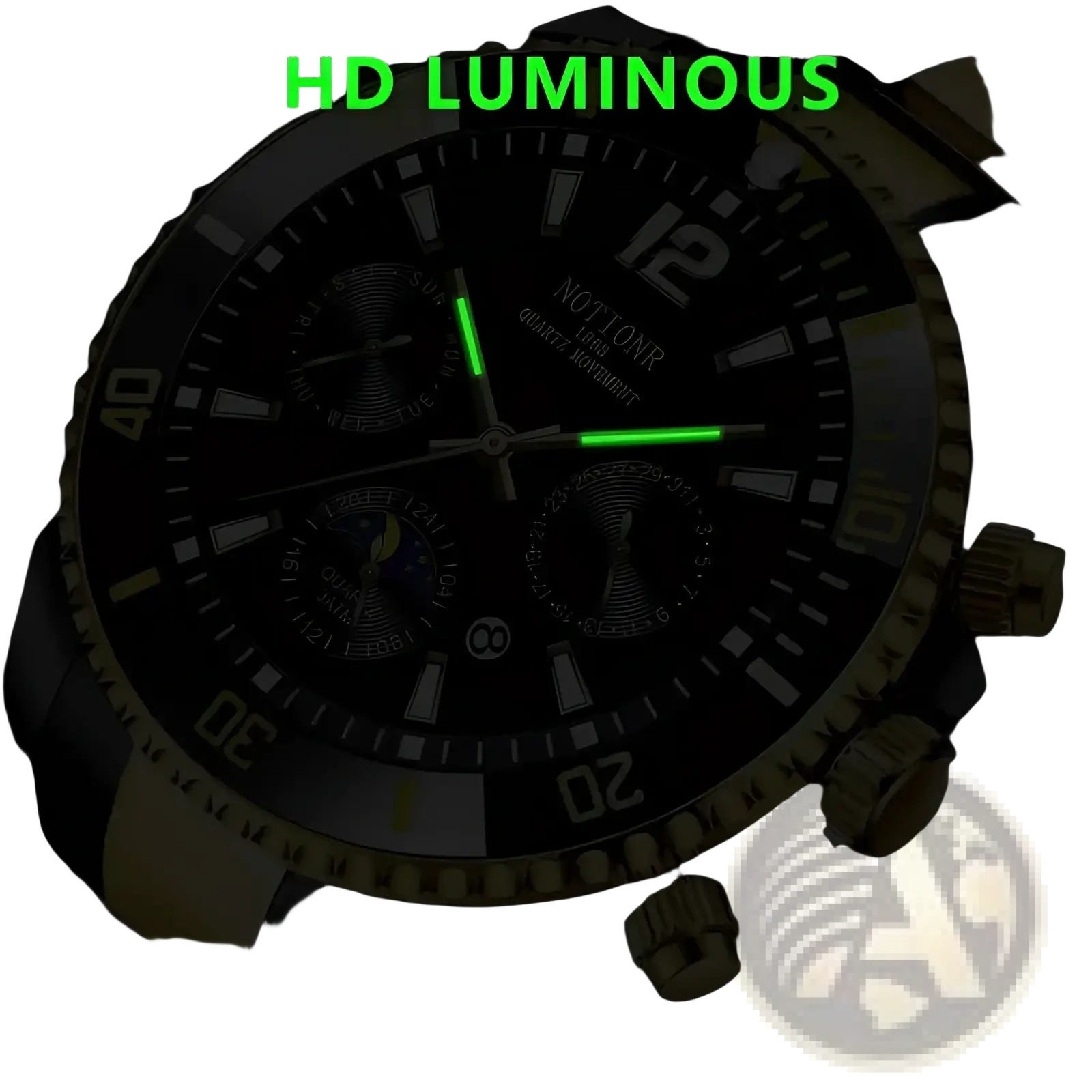 Gold stainless steel quartz sport watch with gold-tone chronograph case black dial and luminous green hands