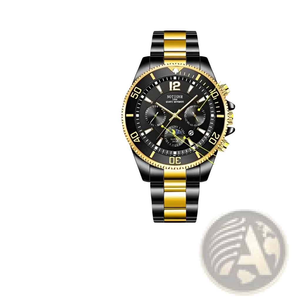 Gold stainless steel quartz sport watch with two-tone gold and black stainless steel band and black dial with sub-dials