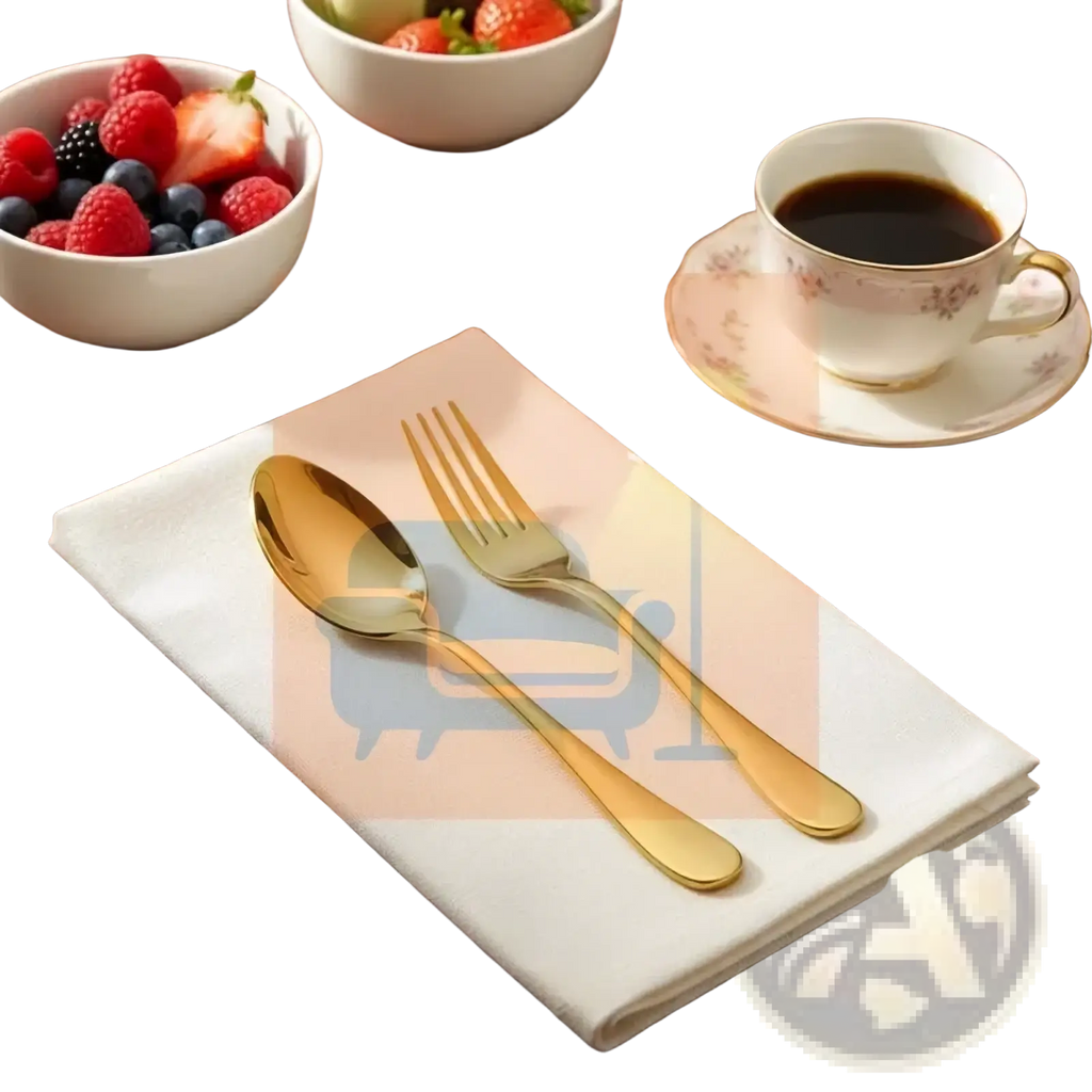 Gold stainless steel spoon and fork set with a gold finish resting on a white cloth napkin