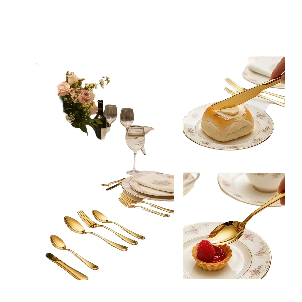 Gold stainless steel spoon and fork set with sleek polished handles and reflective surfaces for elegant dining