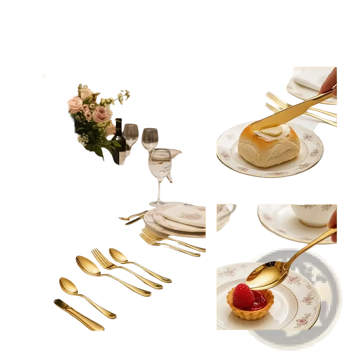 Gold stainless steel spoon and fork set with sleek polished handles and reflective surfaces for elegant dining