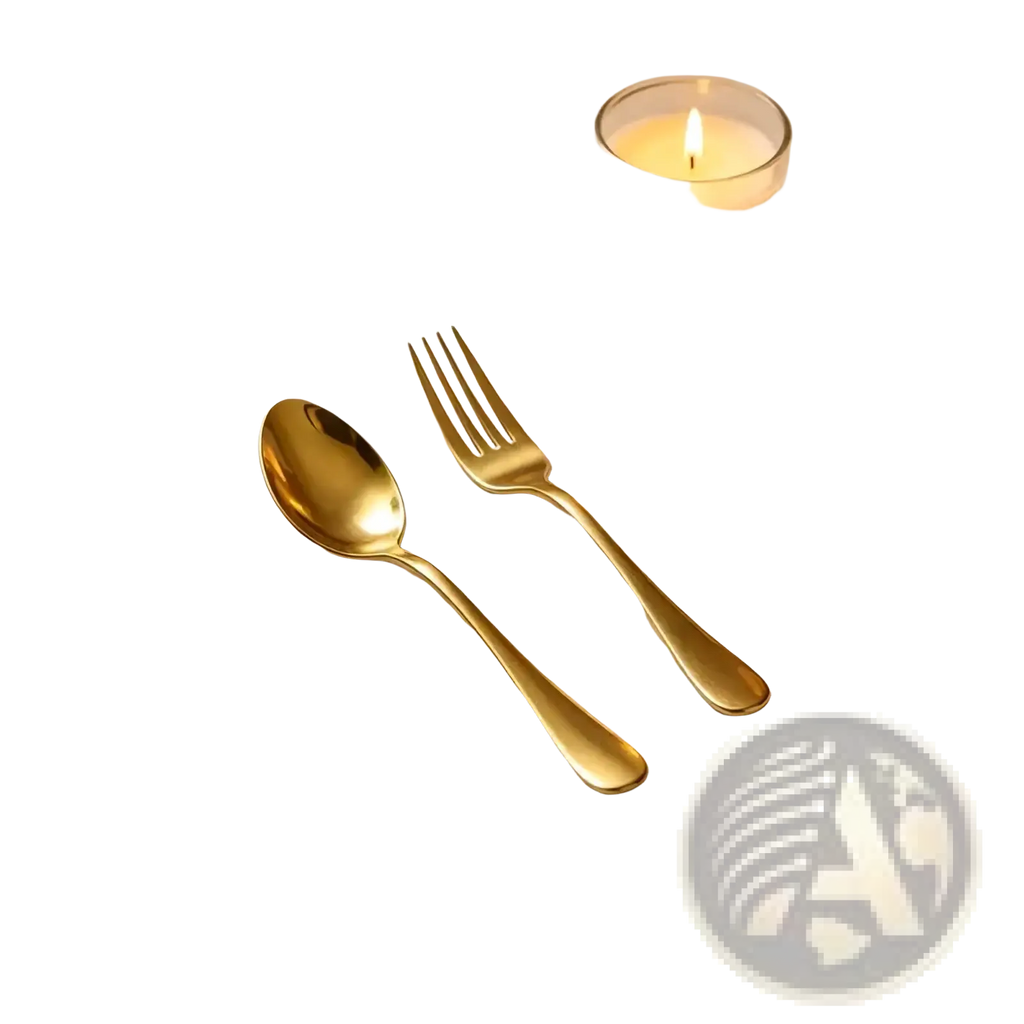 Gold stainless steel spoon and fork set with sleek polished metallic finish for elegant dining use