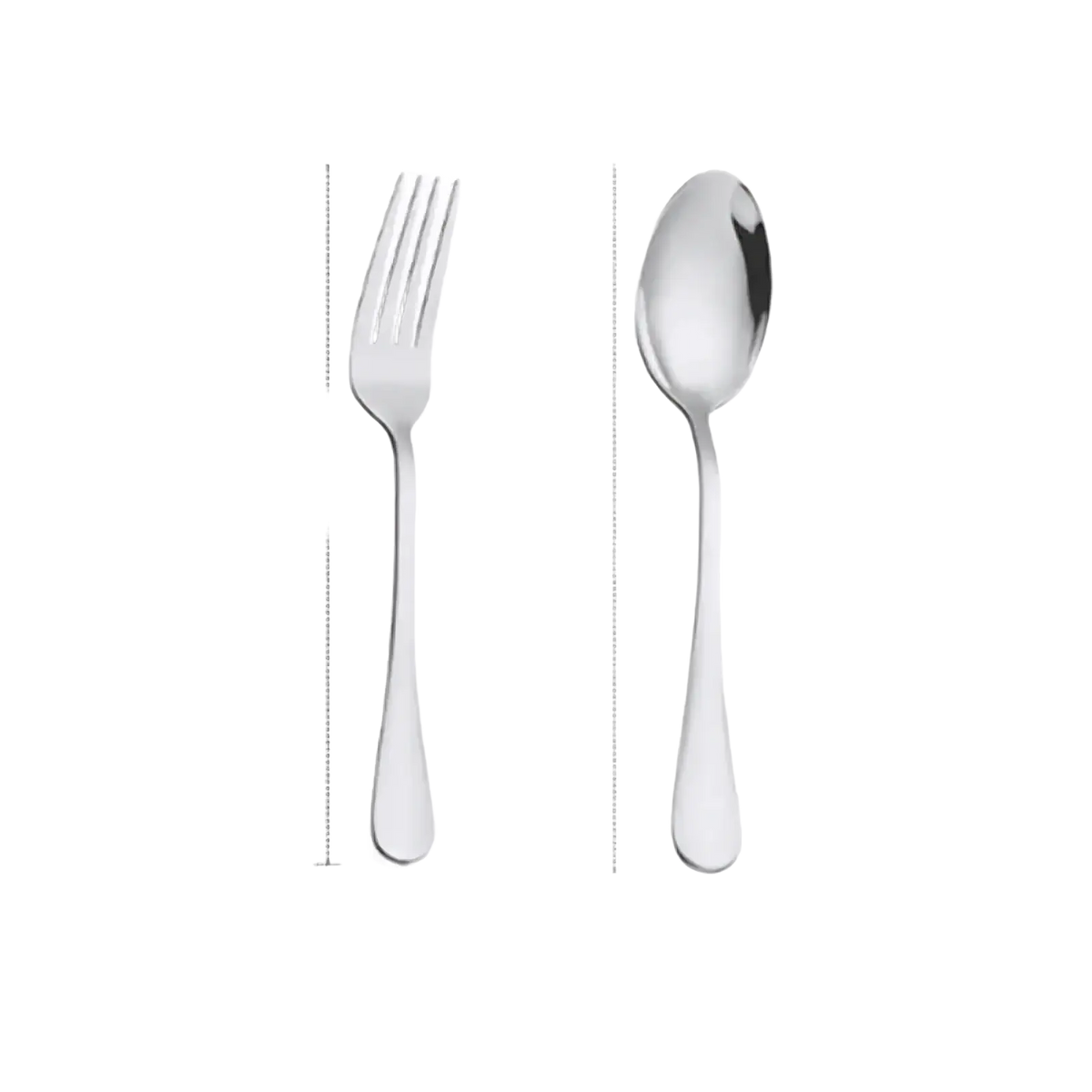 Shiny stainless steel fork and spoon set with sleek modern handles in gold stainless steel finish