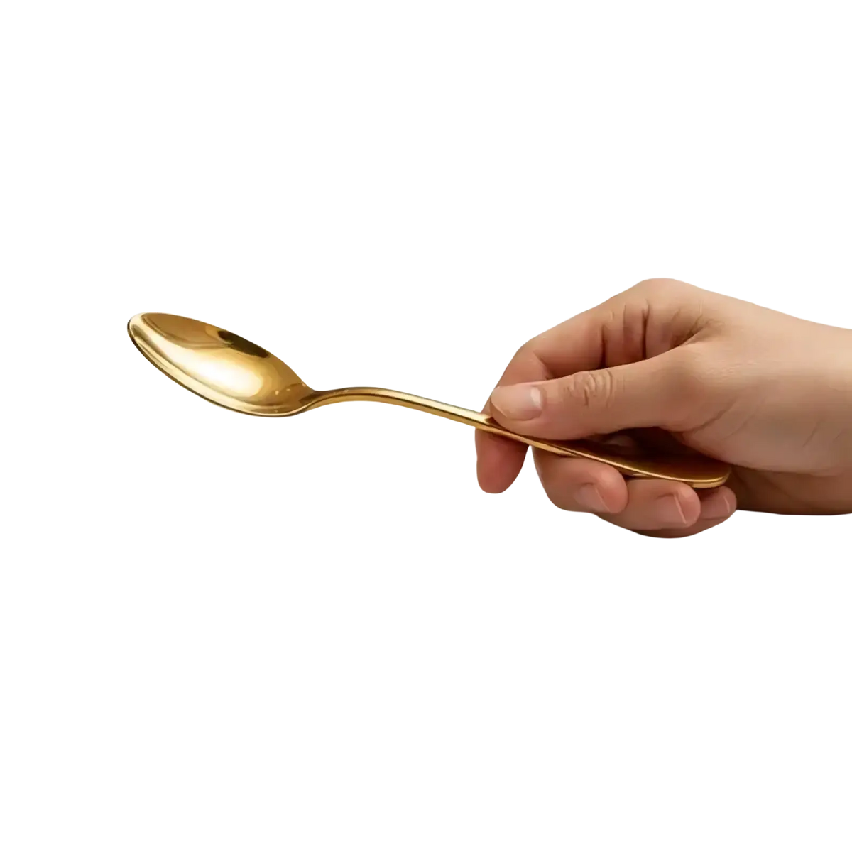 A gold stainless steel spoon with a sleek long handle and smooth reflective surface in a utensil set