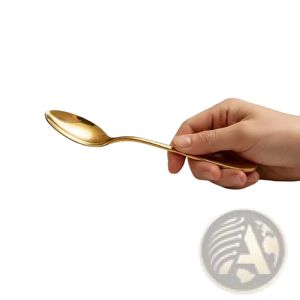 A gold stainless steel spoon with a sleek long handle and smooth reflective surface in a utensil set