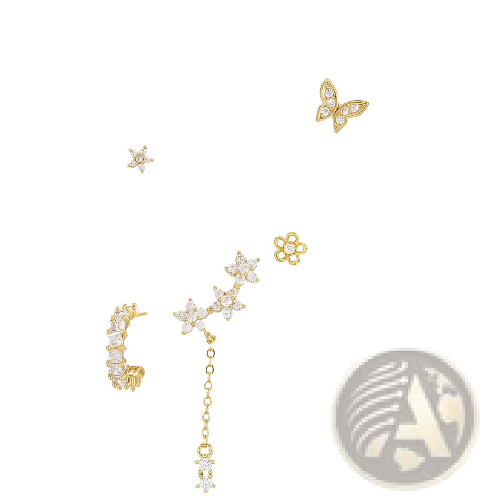 Gold star and moon butterfly earring and cuff set featuring gold-toned studs with crystal adorned butterfly star and flower designs