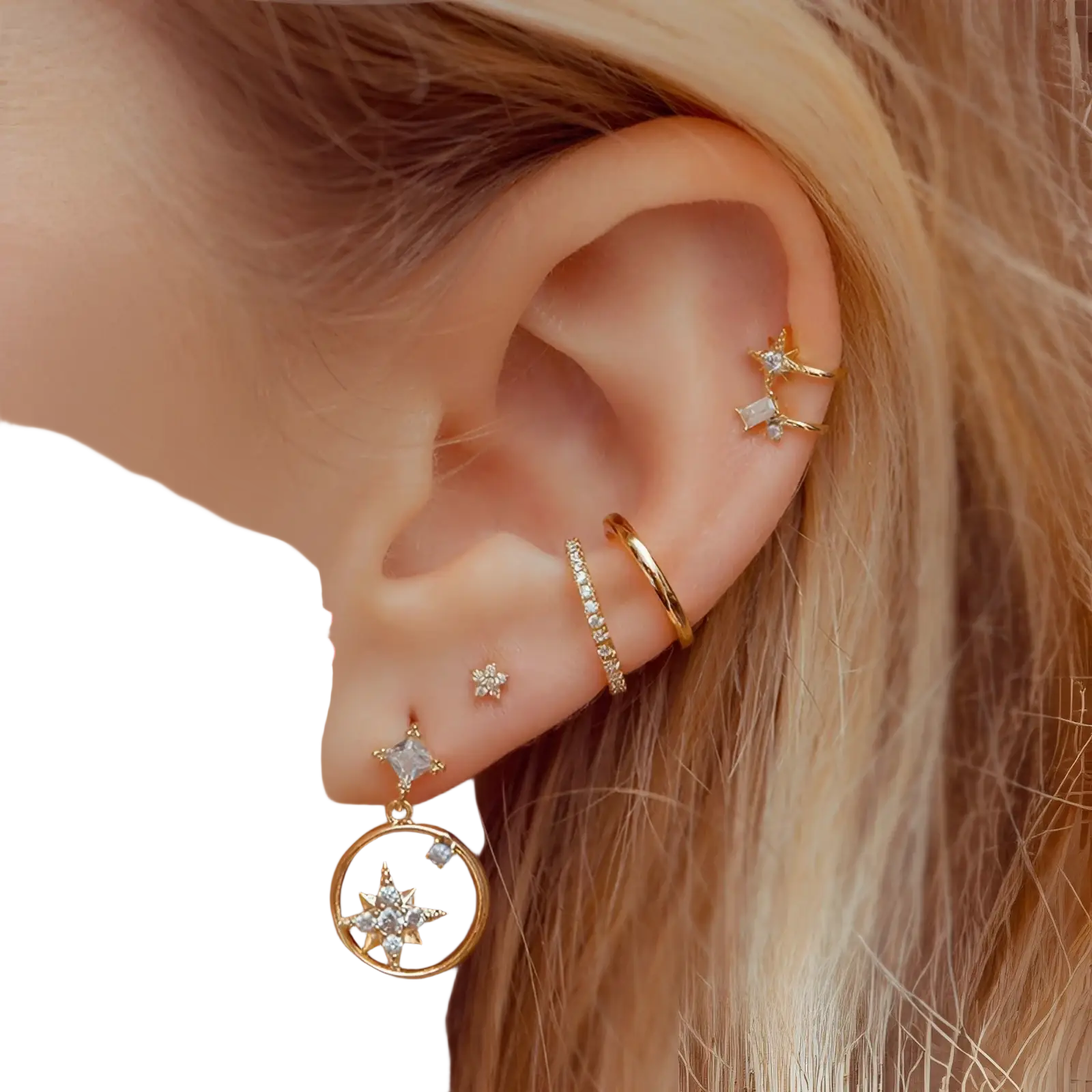 Gold star and moon butterfly earring and cuff set in gold tone with clear crystal accents for elegant wear