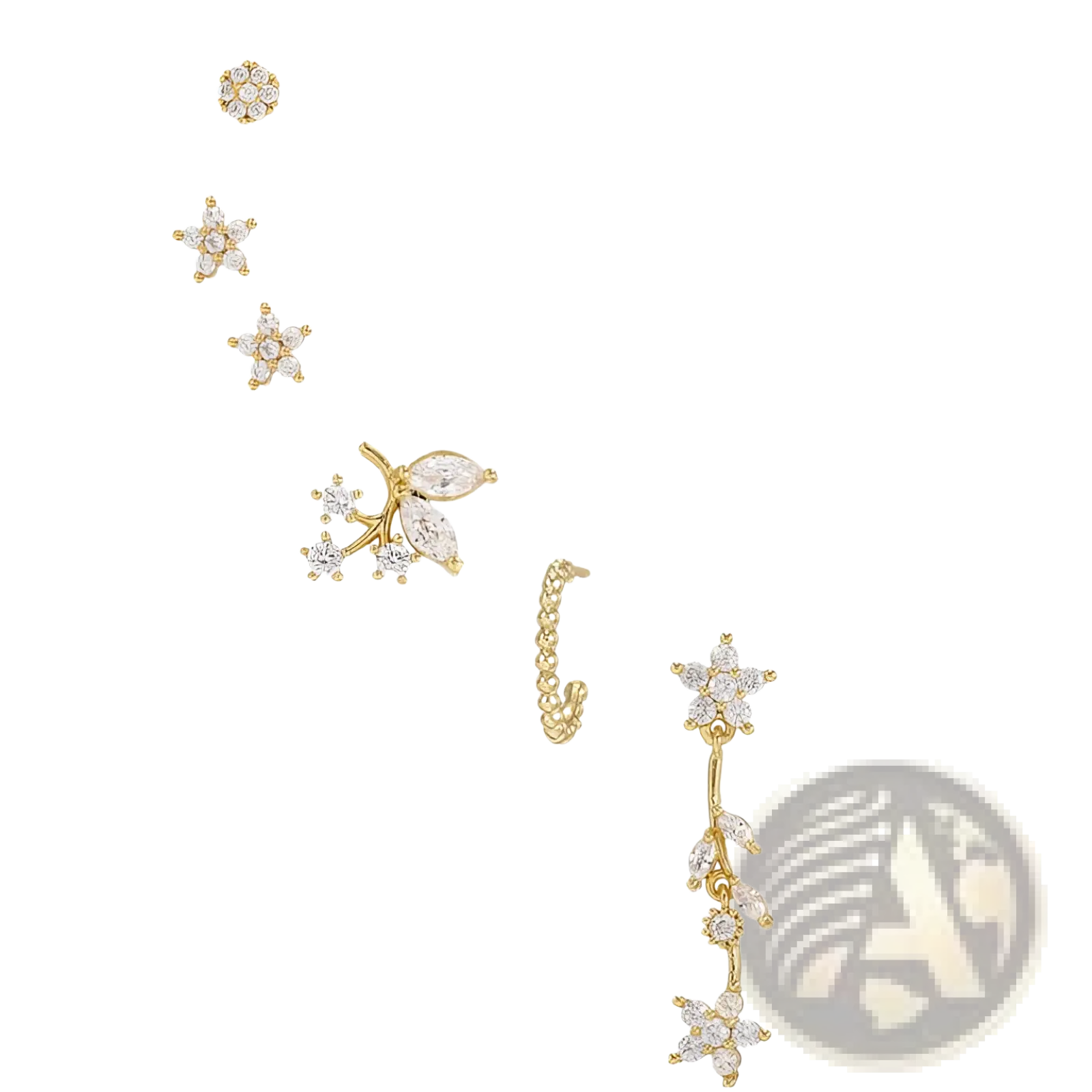 Gold star and moon butterfly earring and cuff set featuring gold-toned ear cuffs and stud earrings with clear crystal floral and starburst designs