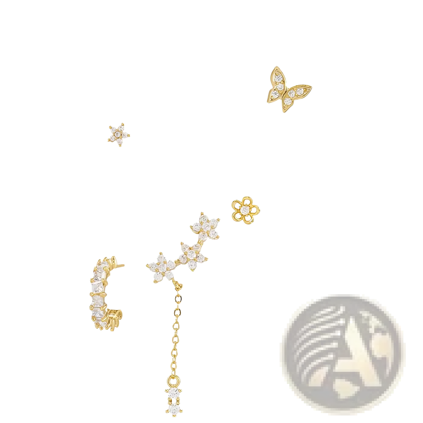 Gold star and moon butterfly earring and cuff set with gold-toned studs featuring butterfly star and flower crystals