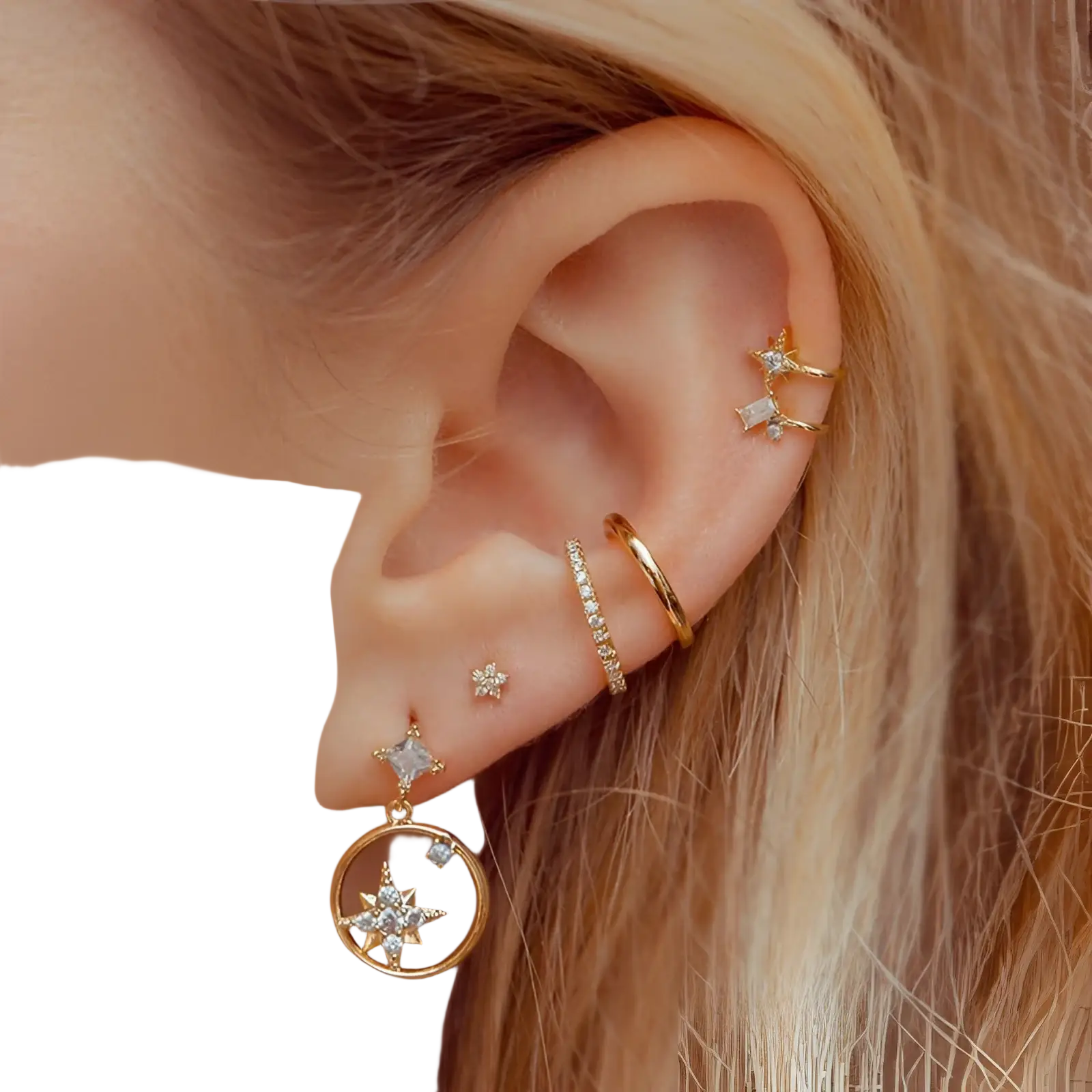 Gold star-shaped earring with a dangling circular frame and embedded crystals from gold star and moon butterfly set