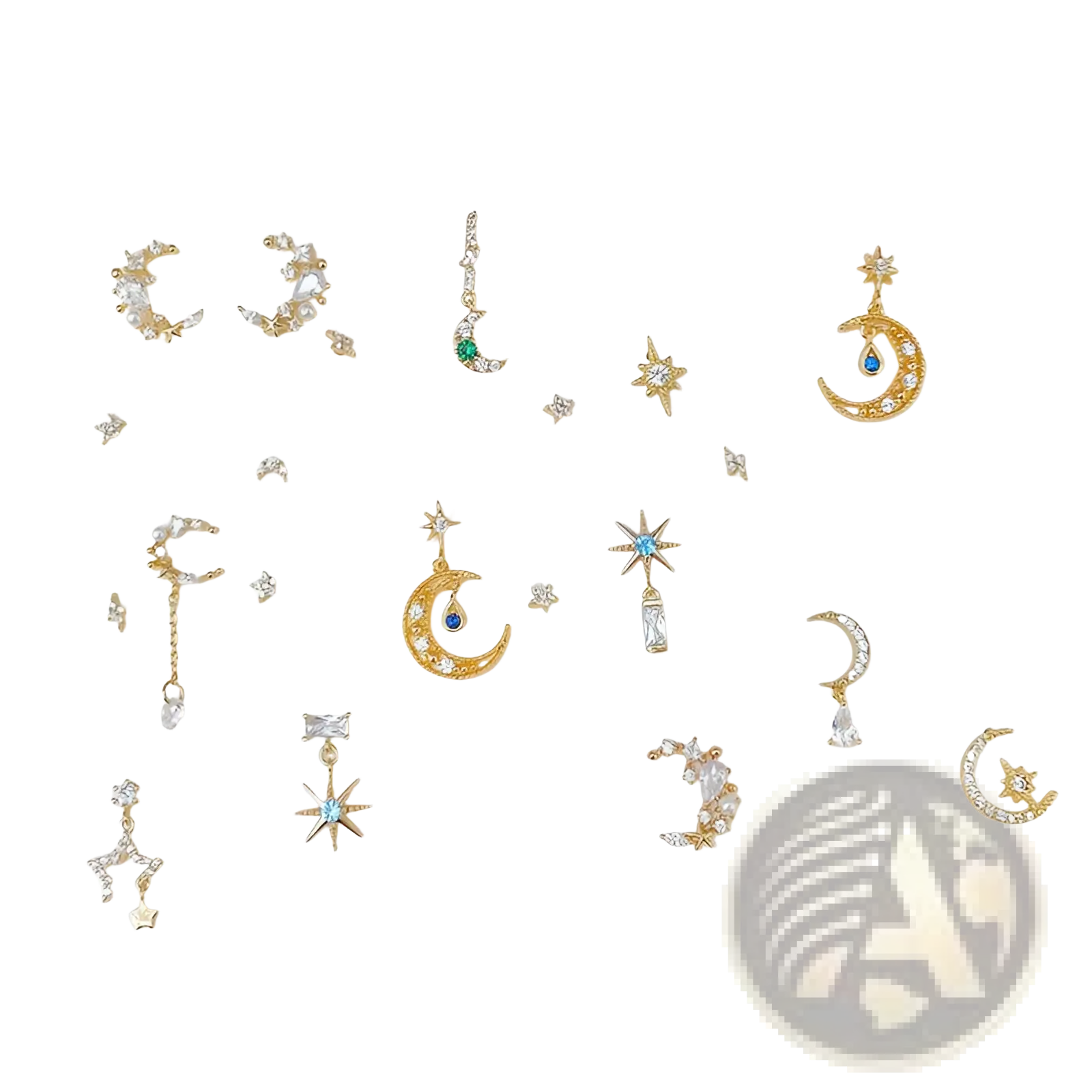 Gold star and moon butterfly earring and cuff set with gold-toned celestial nail art charms featuring crystals and gemstones