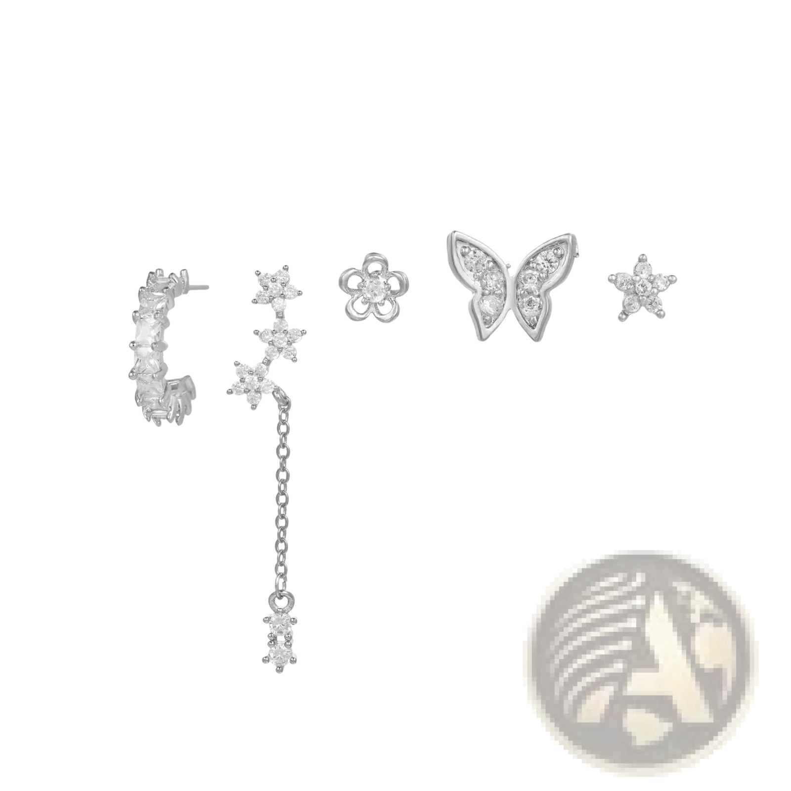 Silver stud earrings with delicate butterfly and star designs adorned with clear sparkling crystals