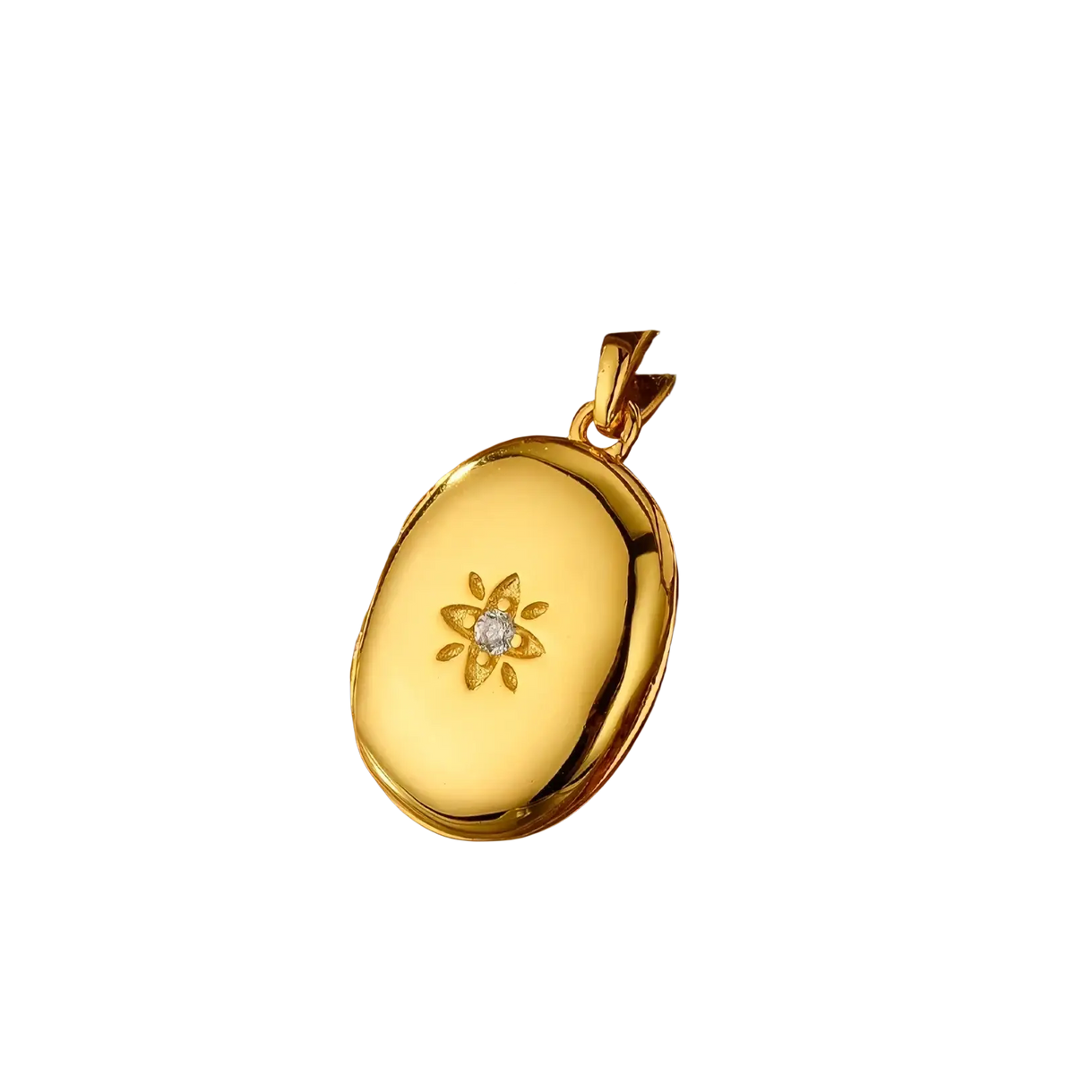 Gold starburst locket necklace in gold with a central diamond and intricate leaf like engravings on the pendant