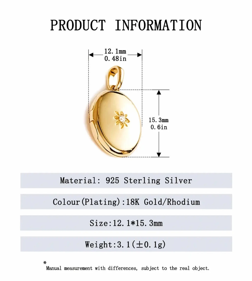 Gold starburst locket necklace featuring a gold-plated 925 sterling silver oval locket with a delicate floral design