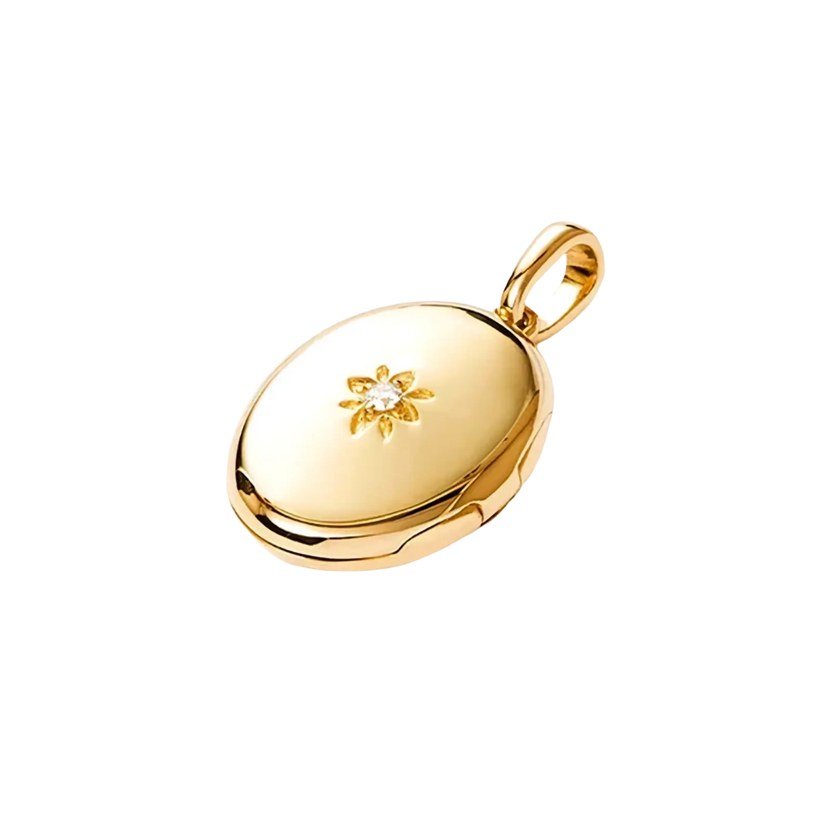 Gold starburst locket necklace with a gold-toned oval pendant featuring a delicate starburst design and central diamond
