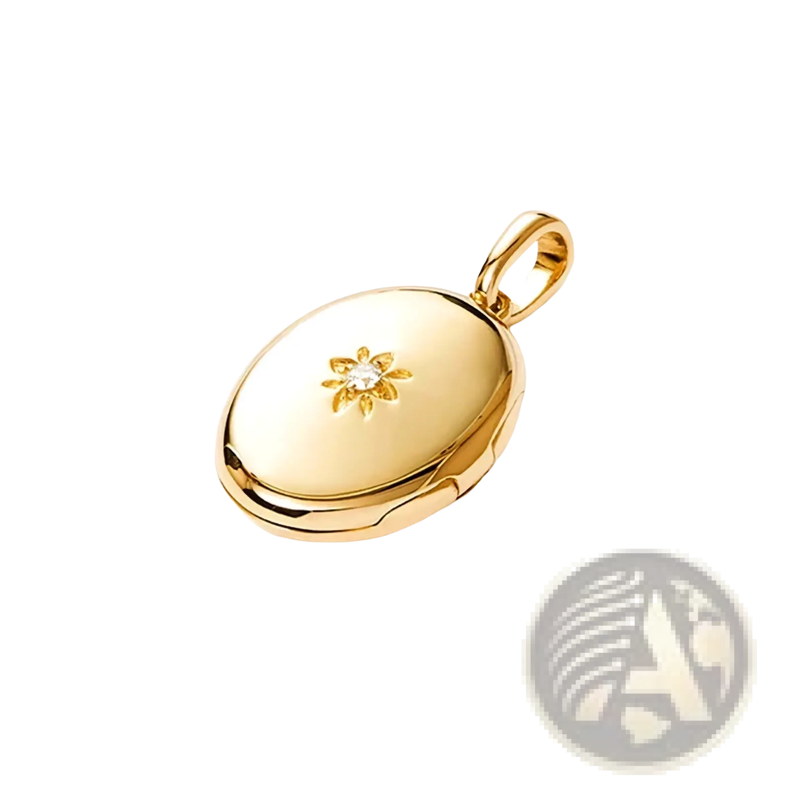 Gold starburst locket necklace with a gold-toned oval pendant featuring a delicate starburst design and central diamond