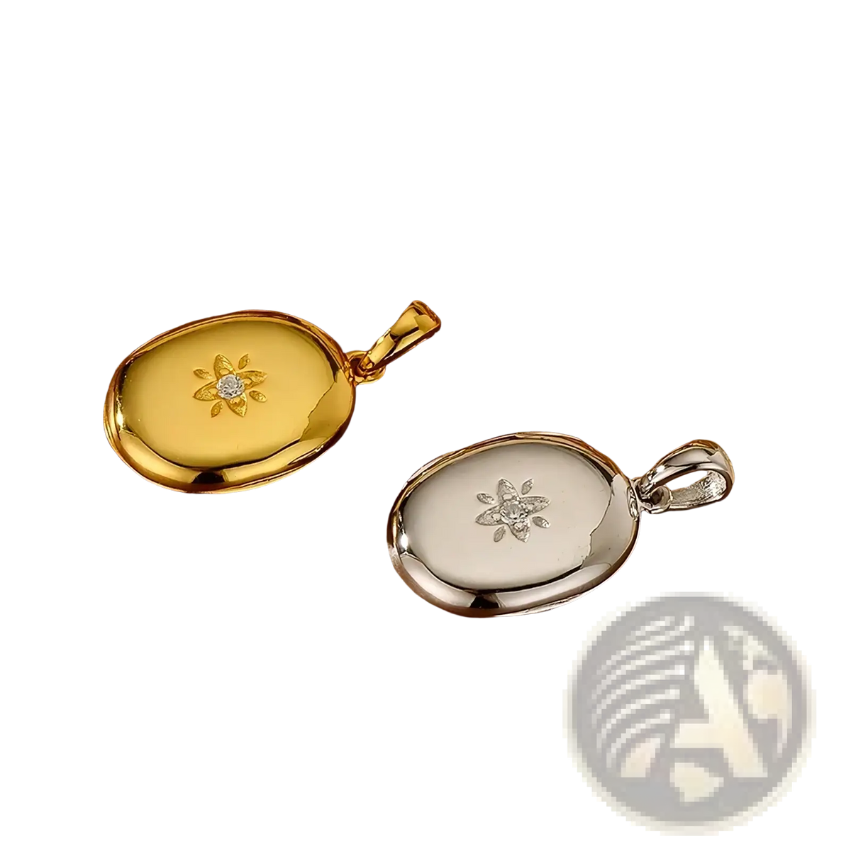 Two oval locket pendants in yellow gold with sunburst diamond and white gold with engraved snowflake patterns