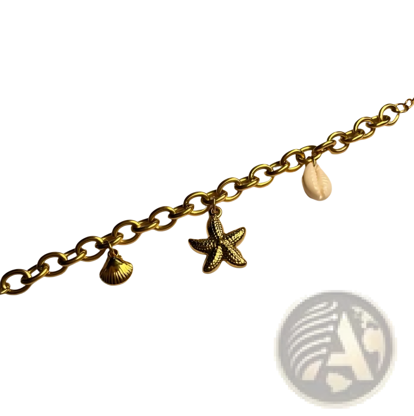 Gold-toned chain bracelet with starfish charm seashell charm and natural cowrie shell ocean-inspired design