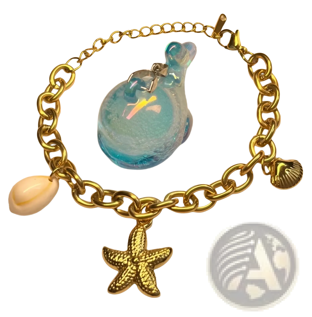 Gold starfish and pearl ocean charm bracelet with gold-toned chain and blue glass ocean creature charm