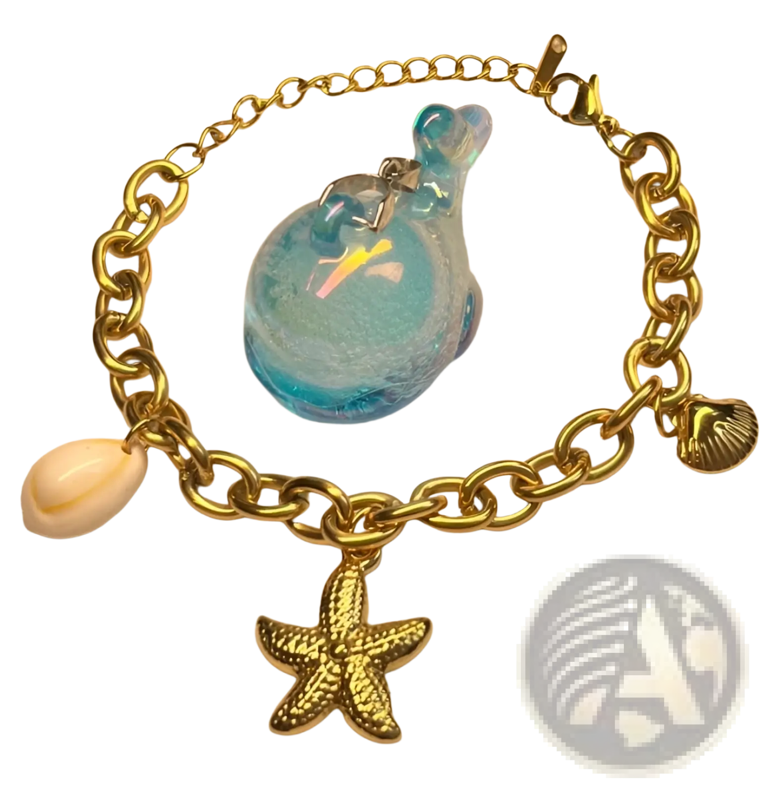 Gold starfish and pearl ocean charm bracelet with gold-toned chain and blue glass ocean creature charm