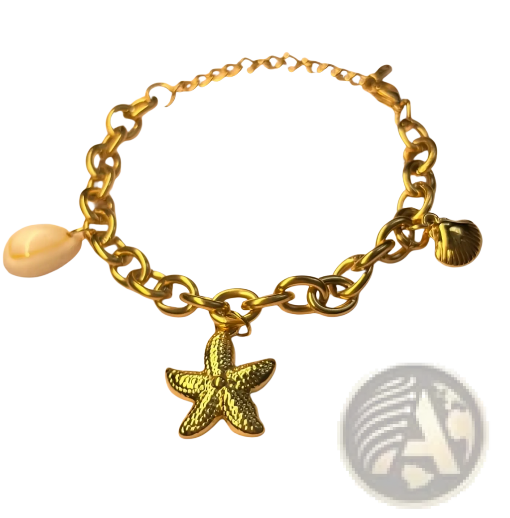 Gold starfish and pearl ocean charm bracelet with gold-toned chain, textured starfish, seashell pendant, and oval shell accent