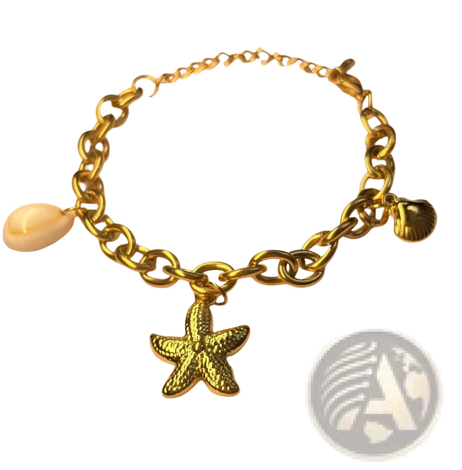 Gold starfish and pearl ocean charm bracelet with gold-toned chain, textured starfish, seashell pendant, and oval shell accent