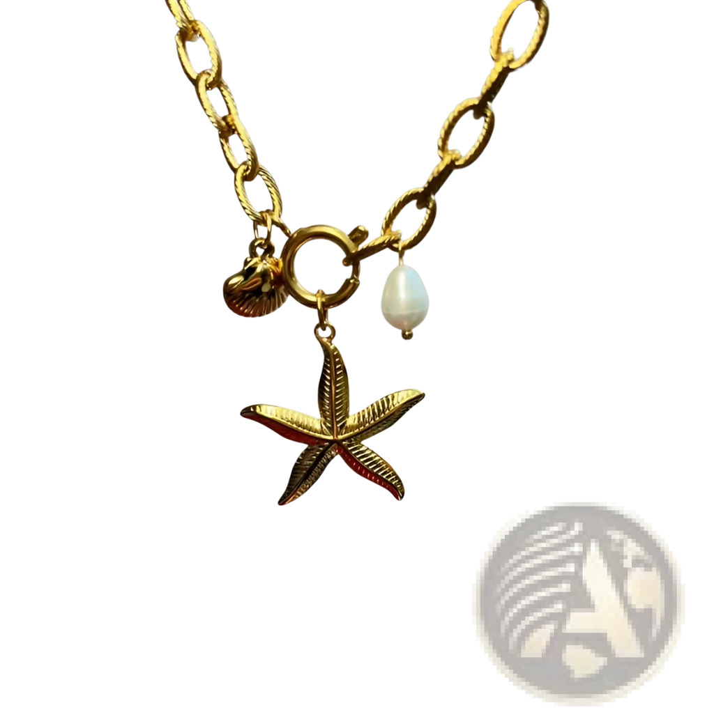 Gold starfish and pearl ocean charm bracelet with a gold-toned chain, starfish pendant, seashell charm, and pearl drop