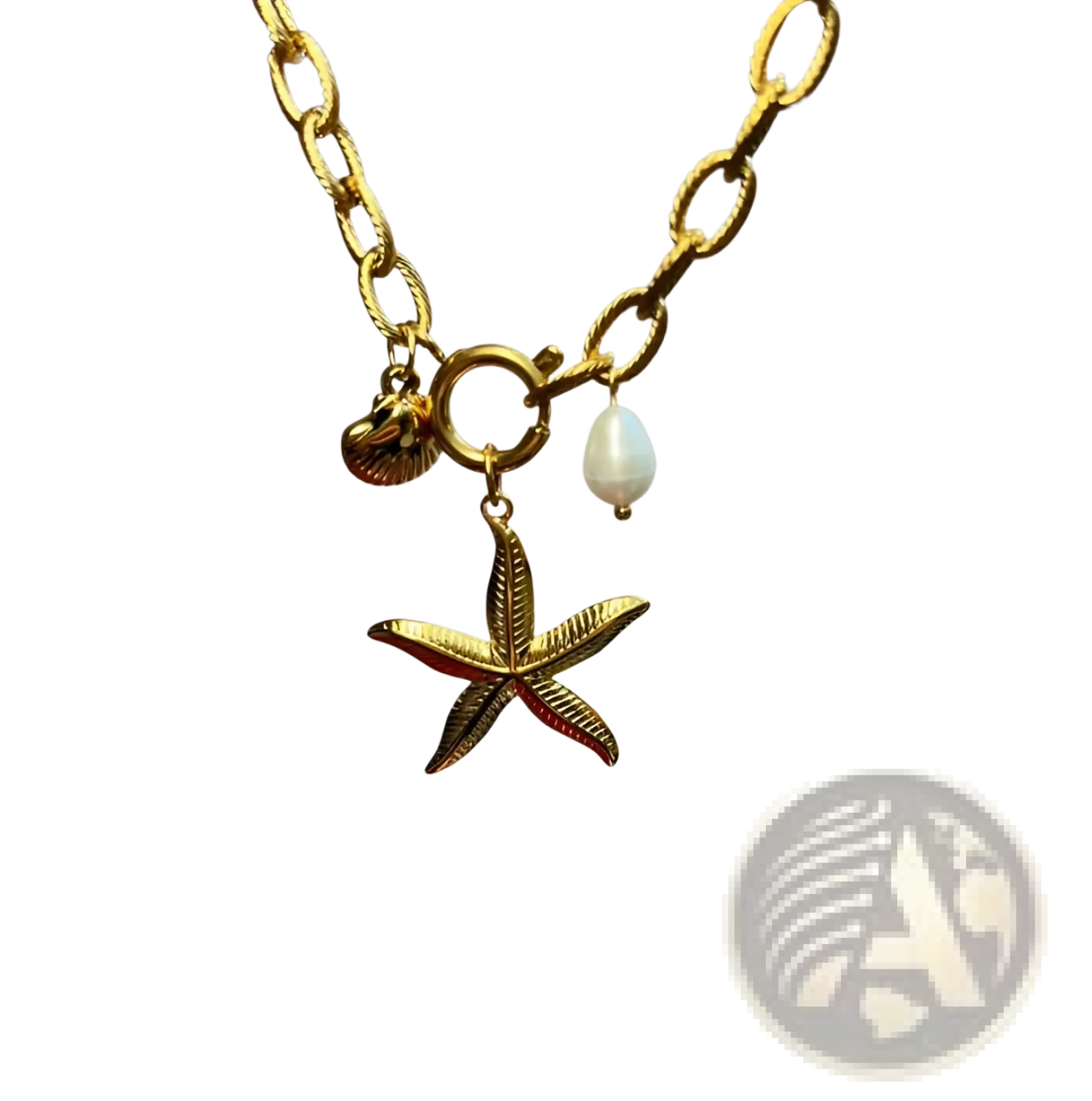 Gold starfish and pearl ocean charm bracelet with a gold-toned chain, starfish pendant, seashell charm, and pearl drop