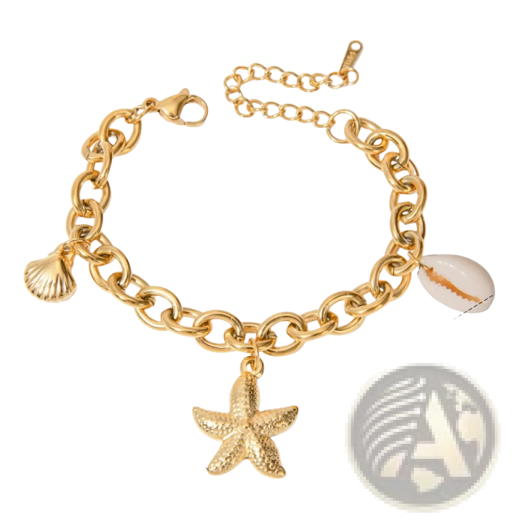 Gold starfish and pearl ocean charm bracelet with gold-toned chain featuring textured starfish and shell pendants