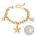Gold starfish and pearl ocean charm bracelet with gold-toned chain featuring textured starfish and shell pendants