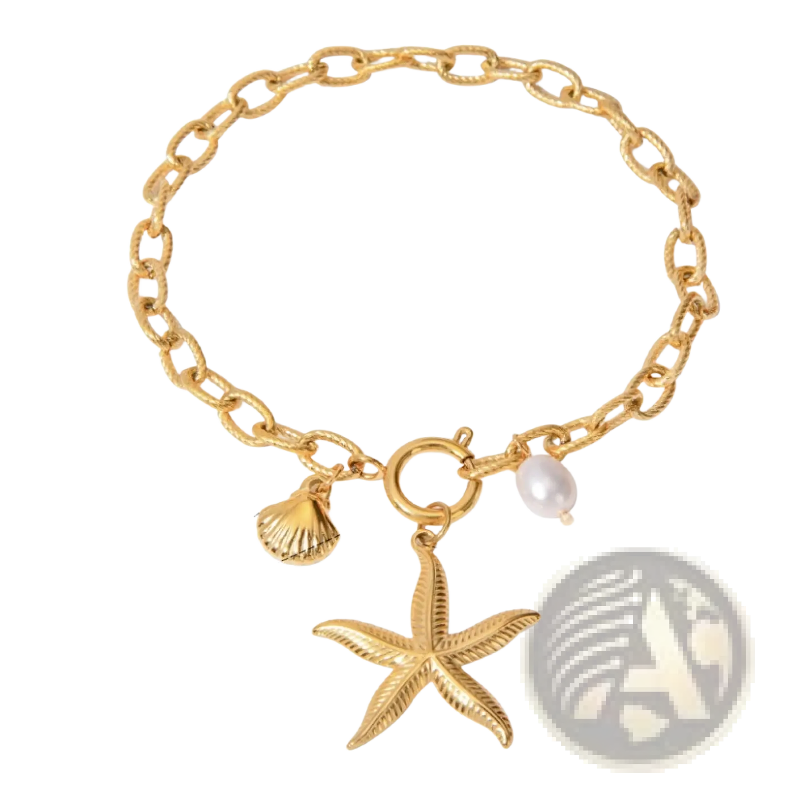 Gold-toned chain bracelet featuring a starfish pendant and shell charm in a gold starfish and pearl ocean charm bracelet