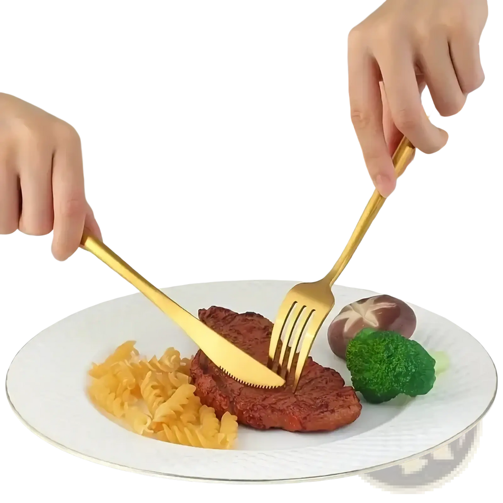 Gold steak knives 12 piece stainless steel set featuring gold-colored modern dinnerware knife and fork