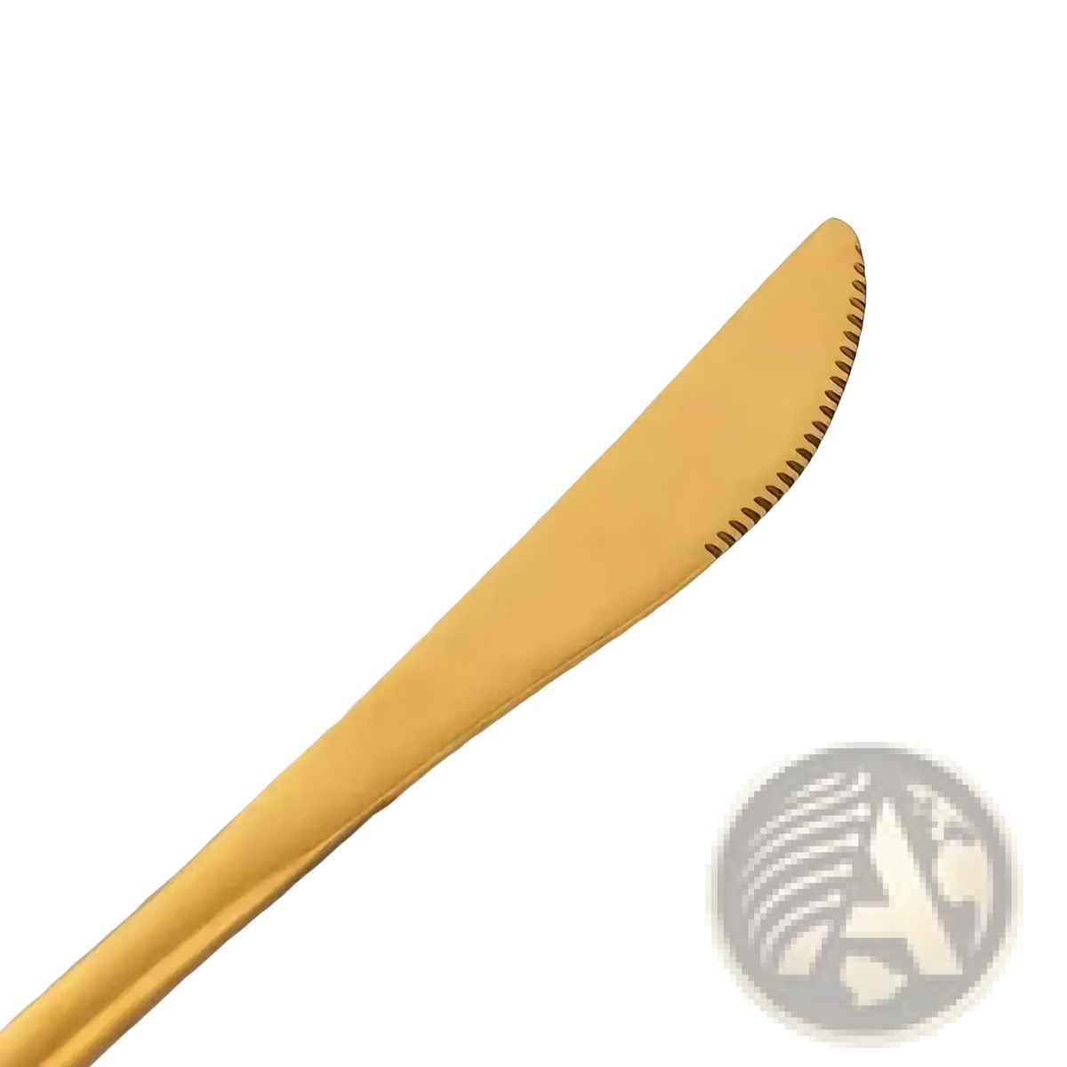 Gold steak knife with a sleek polished finish, serrated edge, stainless steel blade in a 12 piece set
