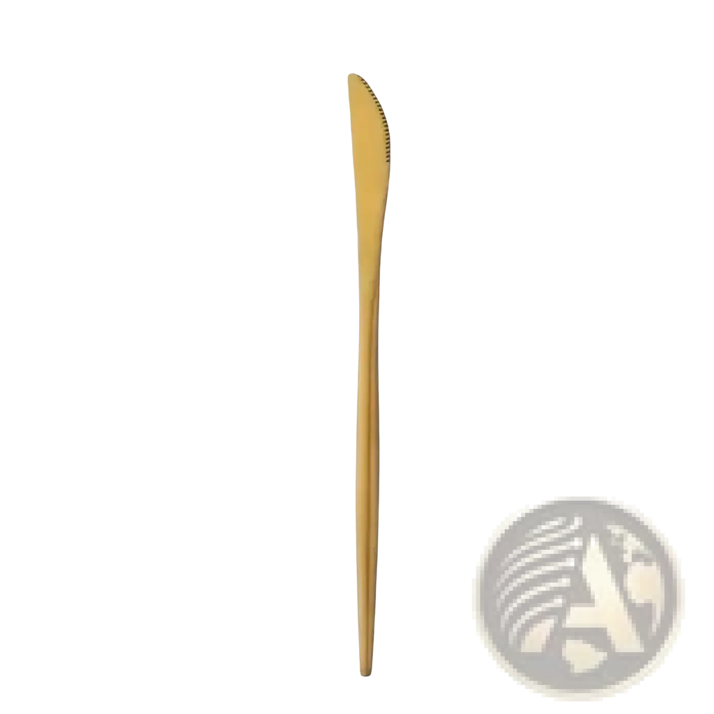 Gold-colored plastic disposable knife with serrated edge from the gold steak knives 12 piece stainless steel set