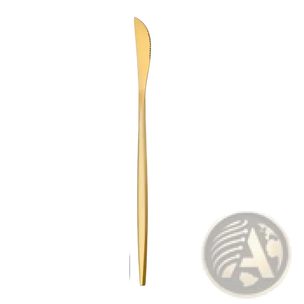 Gold steak knife from 12 piece stainless steel set featuring a sleek metal serrated blade and tapered handle