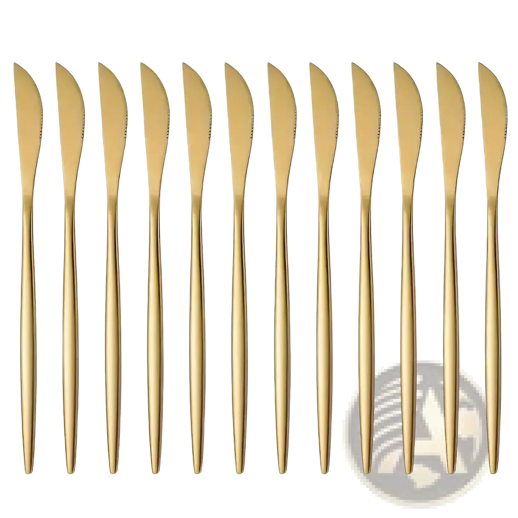Set of twelve gold-finished stainless steel butter knives with sleek modern minimalist design from gold steak knives set