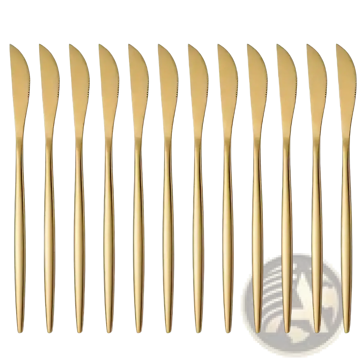 Set of twelve gold-finished stainless steel butter knives with sleek modern minimalist design from gold steak knives set